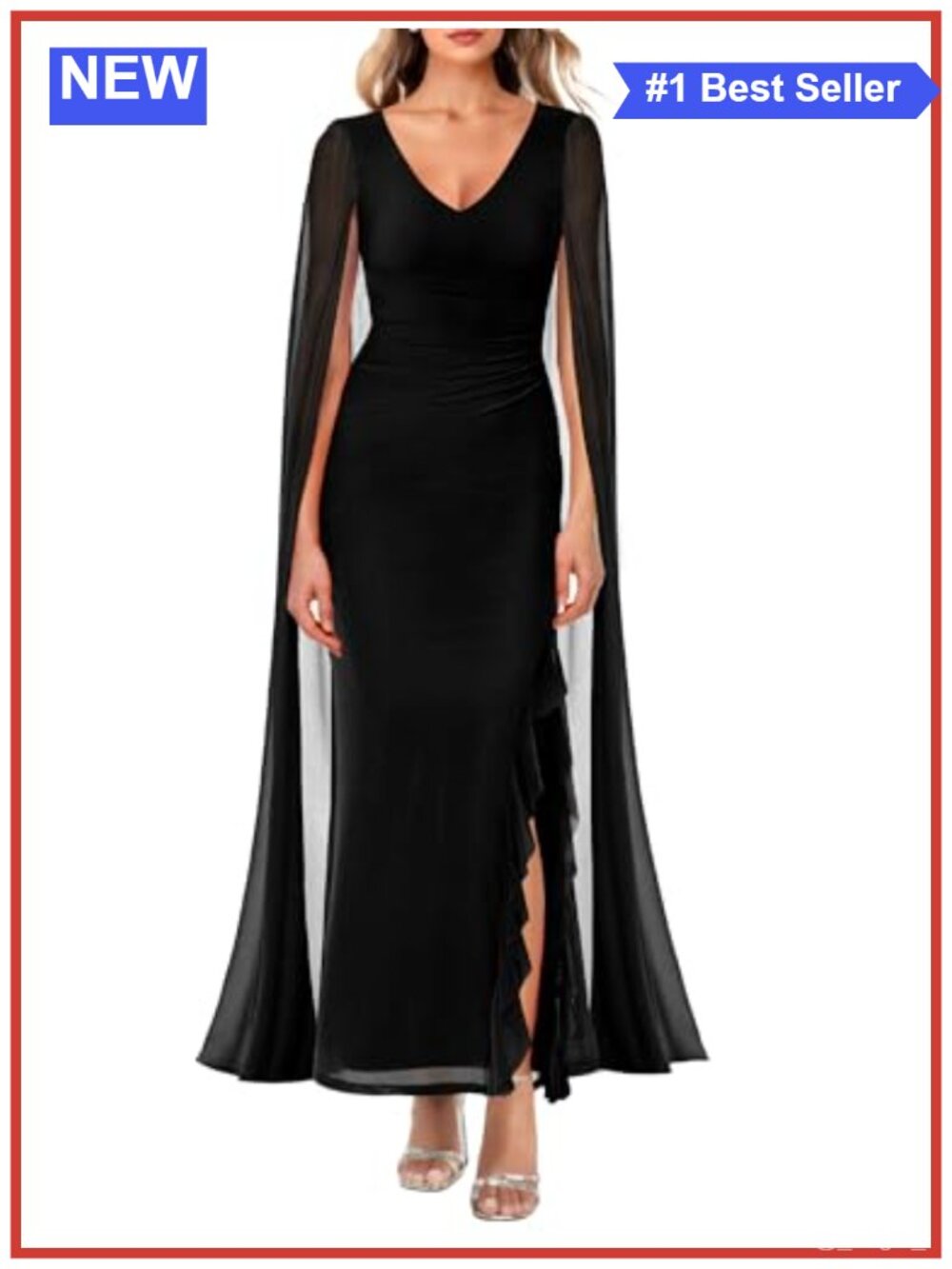 Lrady Women's Evening Gown V Neck High Split Cape Sleeve Maxi Dress